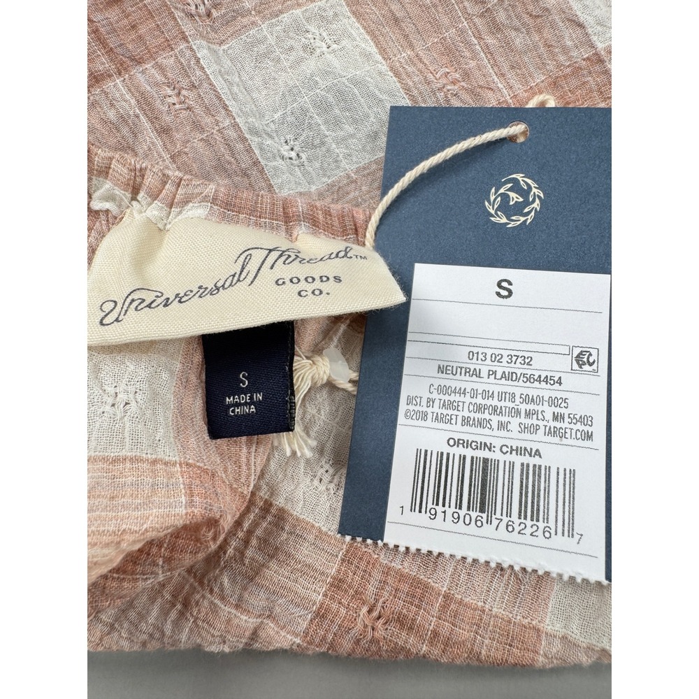 Universal Thread Plaid Peasant Blouse Puff Sleeve Dusty Rose Cream S Cottage - Picture 3 of 8